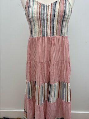 THML Pink, Cream, Blue and Green Striped Tiered Maxi Dress
